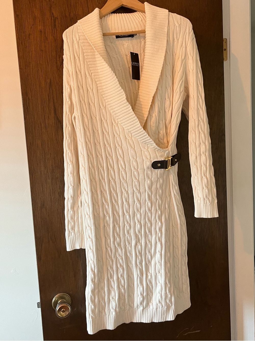 Ralph Lauren Cream Cable-Knit Wrap Sweater Dress with Buckle Detail